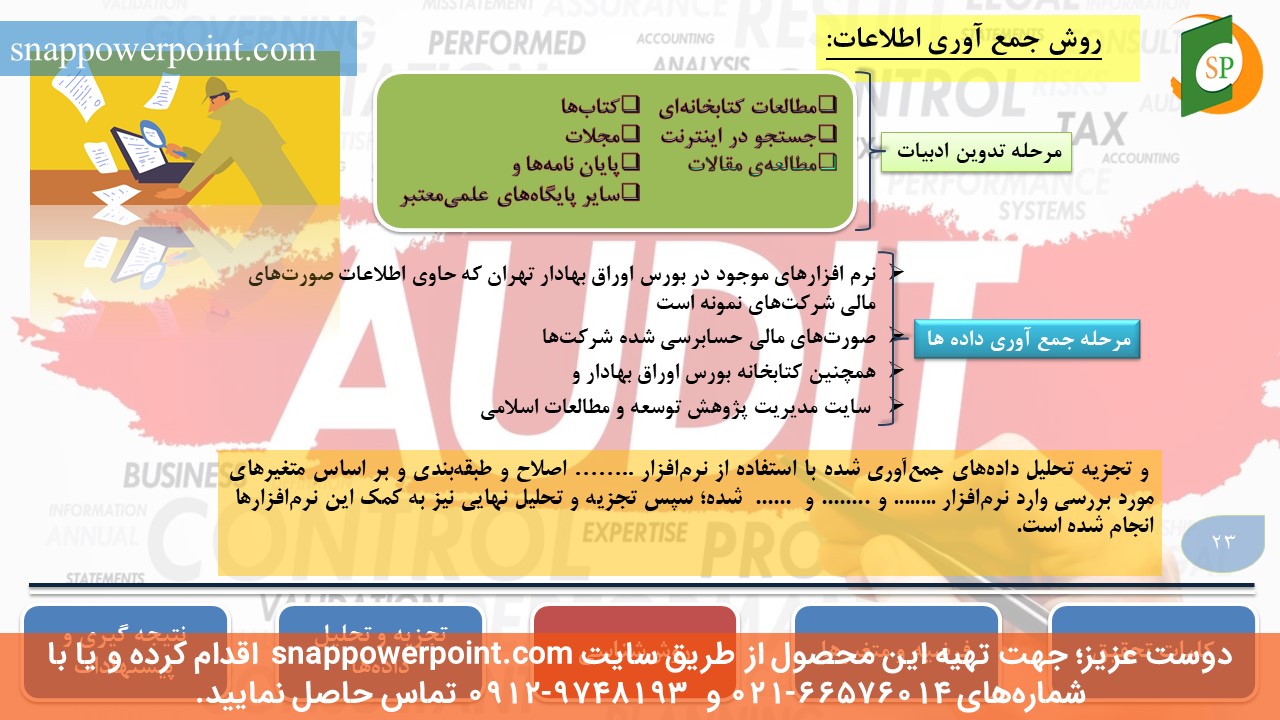 این عکس، مربوط به قالب پاورپوینت آماده پایان‌نامه حسابرسی - طرح شماره 3، گروه تخصصی اسنپ پاورپوینت می‌باشد.